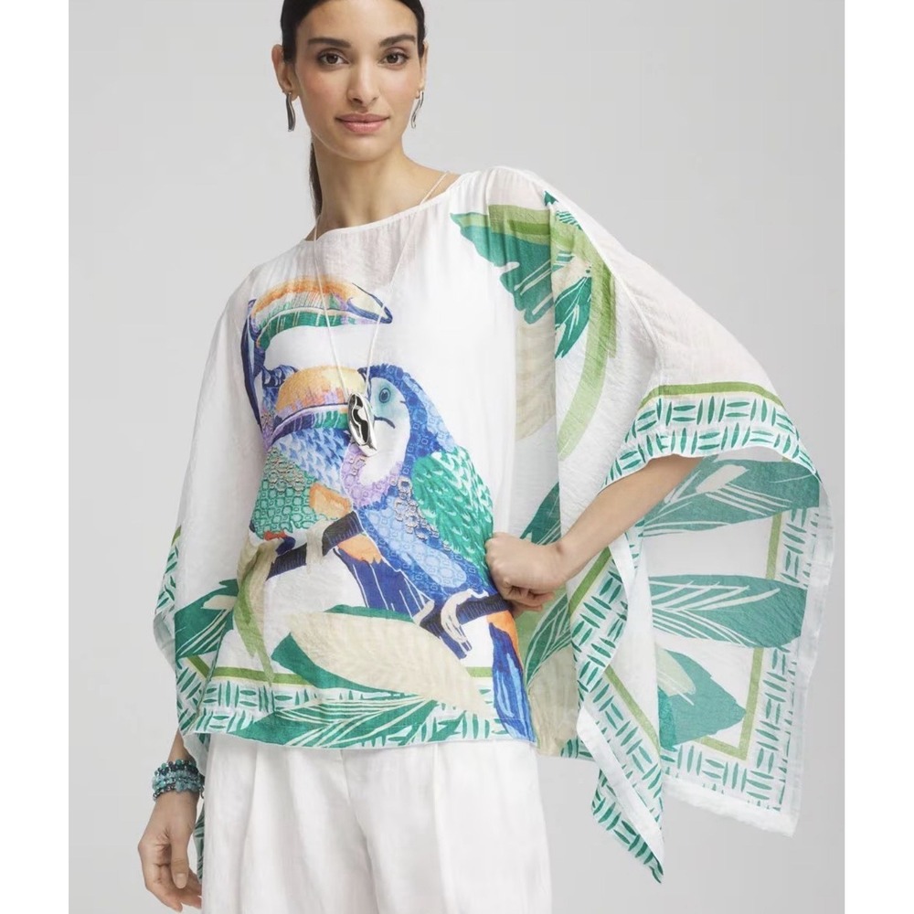 CHICO'S Island Motif Tropical Colorful Toucan Nana Poncho Tunic L/XL Coastal NWT